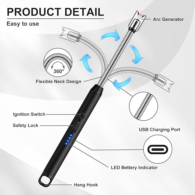 LcFun 4 Pack Candle Lighter with 360° Flexible Neck & Safety Lock, Windproof USB Rechargeable Electric Lighter, Flameless Arc Long Matches for Grill, BBQ, Camping, Fireplace, Stove