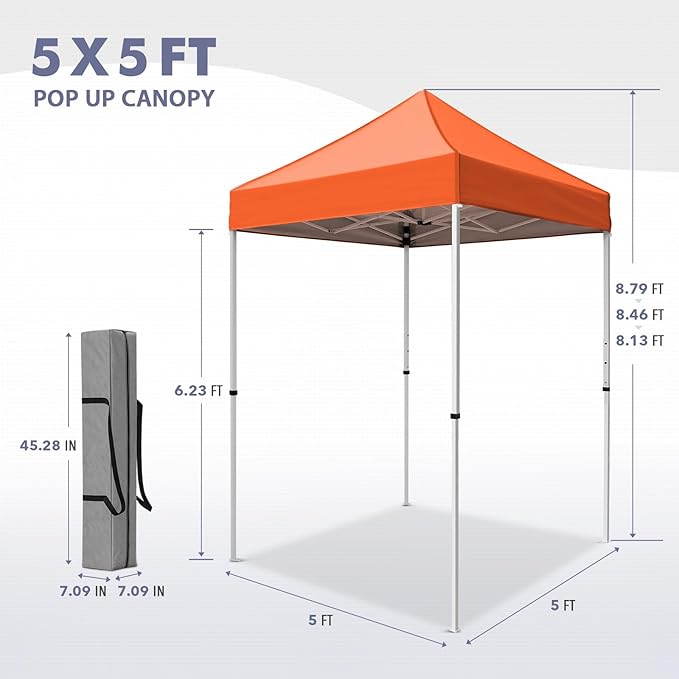 5x5 Pop Up Canopy Tent, Instant Portable Beach Canopy, Outdoor Tent with Carry Bag for Camping, Sports, Tailgating, Events, Orange