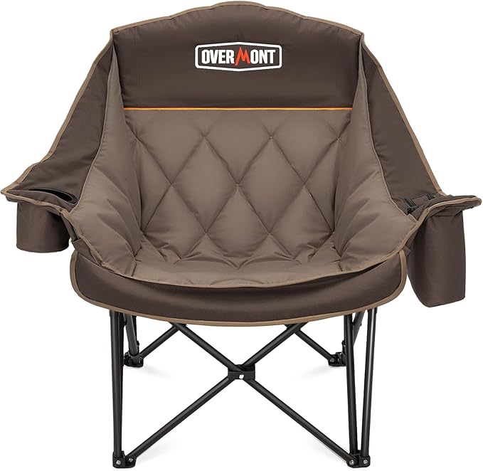 Overmont Oversized XL Camping Chair for Adults - 400lbs Support Heavy-Duty Padded Folding Chair with Side Pocket Cup Holder Cooling Bag for Outdoor Sports Garden Beach Fishing Lawn - Khaki