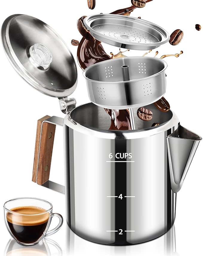 Coffee Maker Coffee Percolator 304 Stainless Steel Pot Stovetop Easy Brewing Even Heating 6 Cup 33.8oz 1000ml Silver Classic Design Heat Resistant Home Camping Outdoor