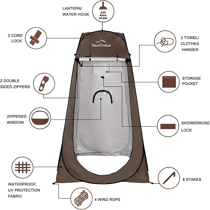 Your Choice Pop Up Privacy Shower Tent, 3.9 x 3.9 x 6.2FT Portable Camping Changing Room, Instant Setup Outdoor Shelter with Silver Coating, Vent Window & Carry Bag for Beach, Hiking & RV | Portable, for Camping, Beach, Hiking, with Carry Bag, Quick Setup