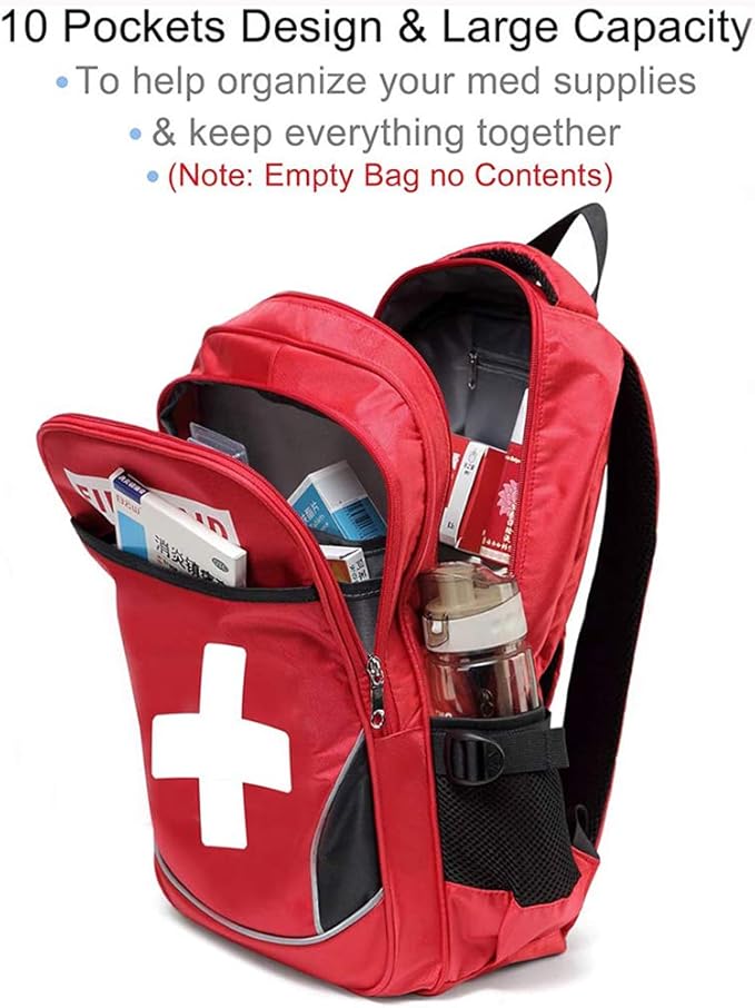 First Aid Bag Empty Red Emergency Medical Bag First Responder Trauma Backpacks Multi-Pocket Traveling Field Trips Camping Essentials (Red, 1 Piece)