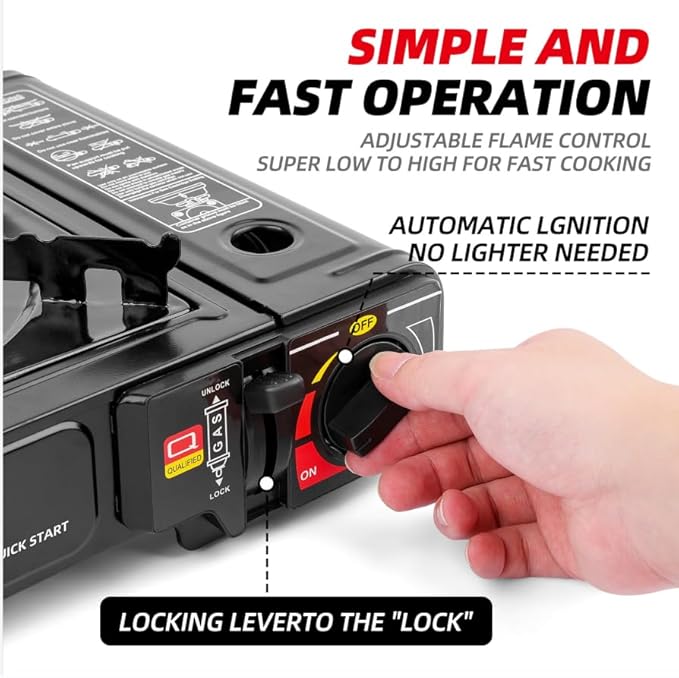 Butane Stove, Portable Camping Stove with Carry Case & Push-Button Starter, Includes Precise Temperature Control & 7,650 BTUs of Power for Camping, Tailgating, & More