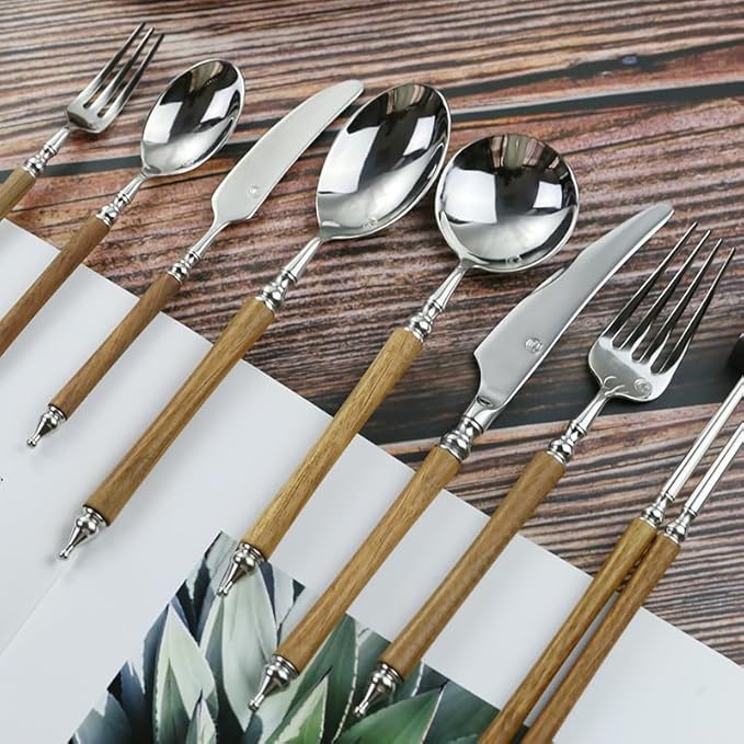 Silverware Flatware Cutlery Set， 3/12/18/24/30/36 Pcs 304 Stainless Steel Knife， Fork and Spoon Cutlery Creative Yellow Wood Handle Cutlery Set，Red-30 Pieces for 10