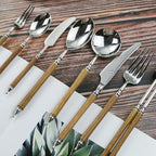Silverware Flatware Cutlery Set， 3/12/18/24/30/36 Pcs 304 Stainless Steel Knife， Fork and Spoon Cutlery Creative Yellow Wood Handle Cutlery Set，Red-30 Pieces for 10