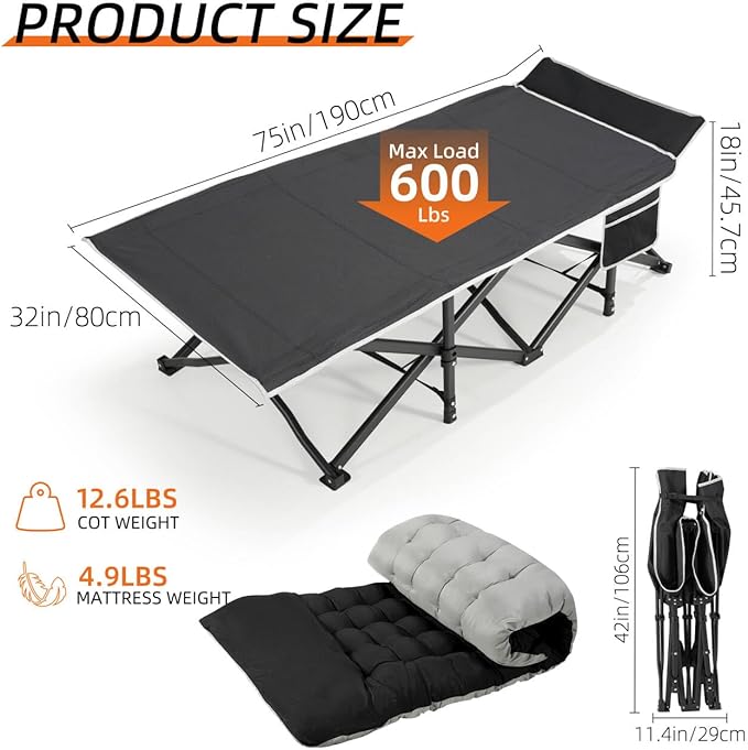 Portable Camping Cot, 32" Extra Wide Camping Cots for Adults with Thick Mattress, Heavy Duty Sleeping Cot Holds Up to 600LBS, Cots for Sleeping, Rv, Beach, Patio, Office Naps(Black)
