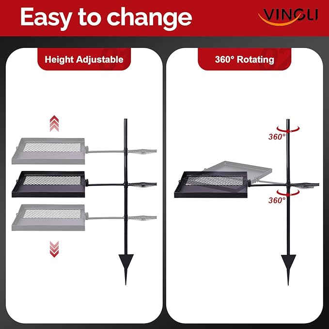 VINGLI Swivel Camping Firepit Grill, Foldable Campfire Steel Grate w/Griddle & Storage Bag, 360° Adjustable, Open Fire Outdoor Cooking Equipment, Parties, Activities, Families Use 32'' x 25''