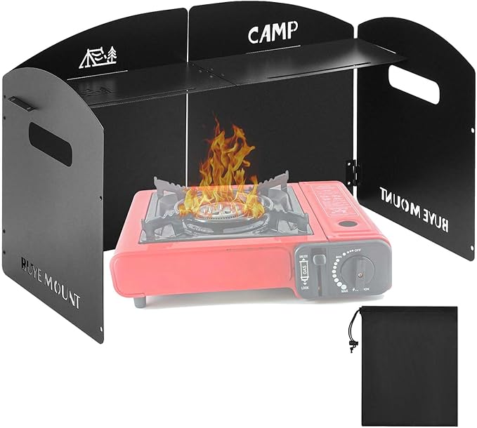 Heavy-Duty Carbon Steel Camp Stove Windscreen with Top Shelf, 4 Panel Folding Wind Shield for Gas Stove, Portable Wind Blocker for Outdoor Camping Cooking