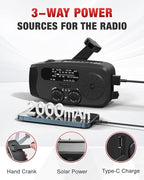 Emergency Hand Crank Radio Emgykit - 2000mAh/7400mWh AM/FM/NOAA Solar Hand Crank Emergency Radio with 3 LED Flashlights, SOS Function for Emergencies, Camping - Black