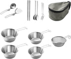 Stainless Steel Camping Tableware Kit with Bowls Strainer Spatula Spoon Chopsticks Storage Bag for Hiking Picnic