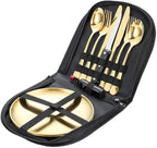 Silverware Flatware Cutlery Set， 304 Stainless Steel Outdoor Camping Tableware Set for Two， Wooden Handle Knife， Fork， Spoon， Steak Clip， Bottle Opener，Gold-10Set
