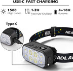 Headlamp Rechargeable 2 Pack, Super Bright LED Head Lamp, 1500 Lumen, 12 Modes, Motion Sensor, Waterproof Head Lights for Forehead for Camping, Running, Fishing, Climbing