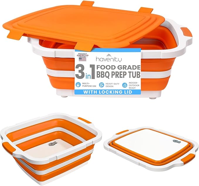 BBQ Prep Tub 16L - Multifunctional Collapsible Camping Cutting Board with Upgraded Locking Lid, Meat Storage Container for Meal Prep, Dish Basin Bowl Perfect for Grilling, Outdoor (XL)
