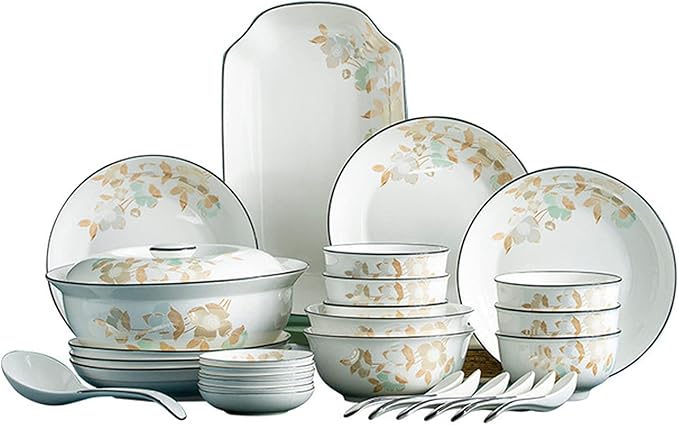 Milky White Porcelain Tableware Set Home Simplicity Combination Tableware Set of Bowls Dessert Plates Soup Plates Dinner Plates 56 Piece Set