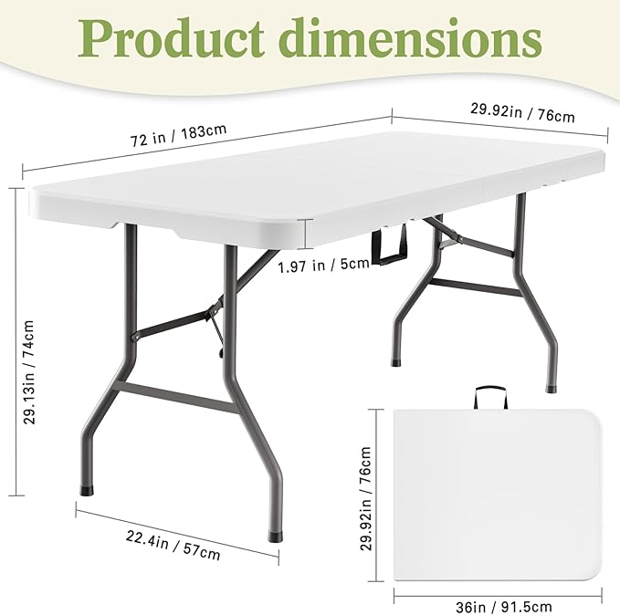 6ft Heavy-Duty Portable Outdoor Folding Table for 6 - Sturdy HDPE Top, 350lbs Capacity, Lockable Design, No Assembly (White) - Camping Parties Picnics