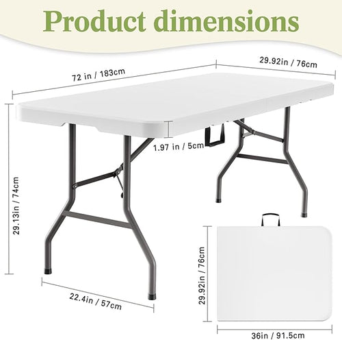 6ft Heavy-Duty Portable Outdoor Folding Table for 6 - Sturdy HDPE Top, 350lbs Capacity, Lockable Design, No Assembly (White) - Camping Parties Picnics