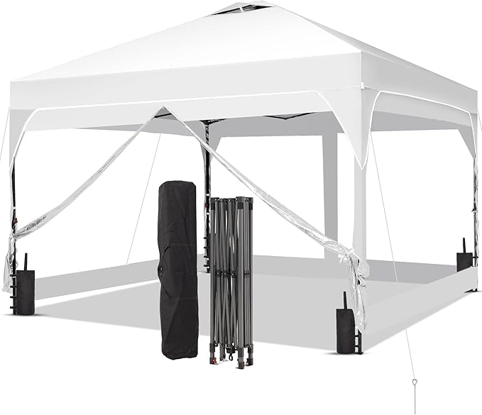GDY 8x8FT Outdoor Pop Up Canopy Tent with One Push Setup, Easy Setup Gazebo with 4 PVC Transparent Sidewalls for Events, Parties, Camping, White