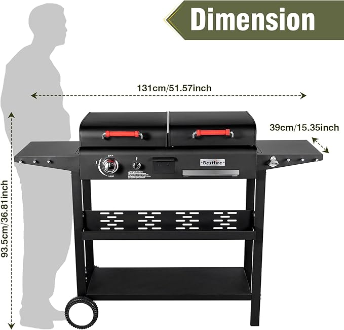 Propane Gas Griddle Charcoal Grill Combo Flat Top Griddle W/Dual Lids & 2 Side Shelves Dual Fuel BBQ Grill for Outdoor Barbecue