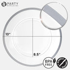 PARTY BARGAINS 13-Inch Charger Plates - 48 Pack, Clear Silver Rim, Heavy-Duty Disposable Chargers for Elegant Dining - Ideal for Weddings and Formal Events