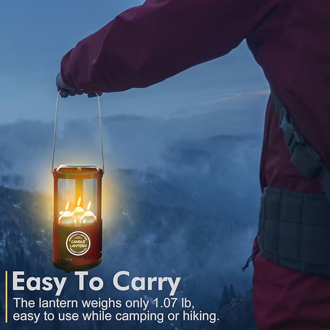 Candle Lantern, Decorative 3-Wick Emergency Candlestick Holder for Pillar Candles, Portable Red Warmer Lantern, Camping Gear for Campers Use, Hanging Handheld, NO Candles Included