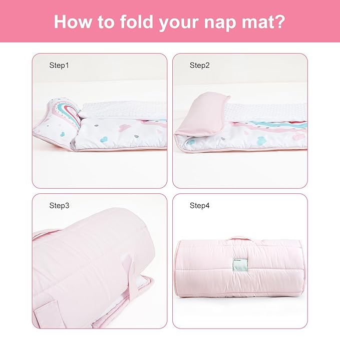 PHF Toddler Nap Mat with Removable Pillow and Minky Fleece Blanket, Rollup Design Warm Slumber Bags for Girls, 52"x20"x2" Kids Sleeping Bag for Daycare Preschool Travel Camping, Rainbow