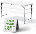 Simple Deluxe Foldable Table - Heavy Duty Portable Plastic Top & Steel Legs, Built-in Handle for Indoor Outdoor Party, Camping, Adjustable Height (22"/30"/36"), White 4FT
