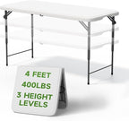 Simple Deluxe Foldable Table - Heavy Duty Portable Plastic Top & Steel Legs, Built-in Handle for Indoor Outdoor Party, Camping, Adjustable Height (22"/30"/36"), White 4FT