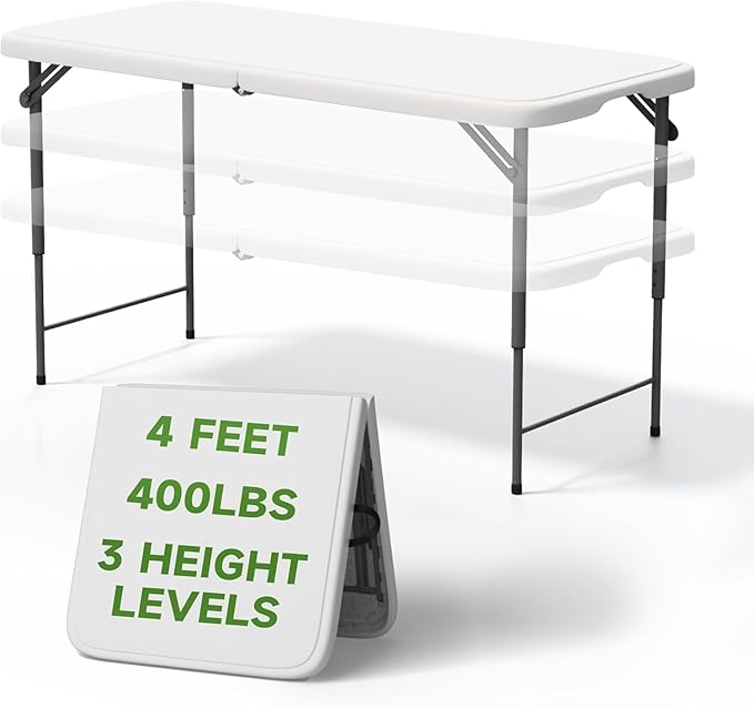 Simple Deluxe Foldable Table - Heavy Duty Portable Plastic Top & Steel Legs, Built-in Handle for Indoor Outdoor Party, Camping, Adjustable Height (22"/30"/36"), White 4FT