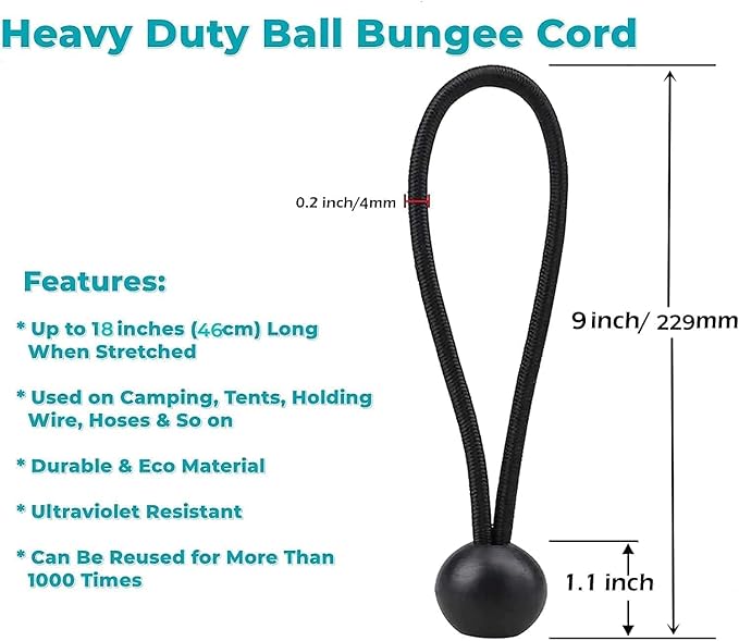 50 Pcs 9 Inches Ball Bungee Cords, Black Heavy Duty Tarp Bungee Cord with Ball, 4mm Thickness Weather Resistant Tie Down Strap, Use for Camping, Tents, Holding Wire and Hoses