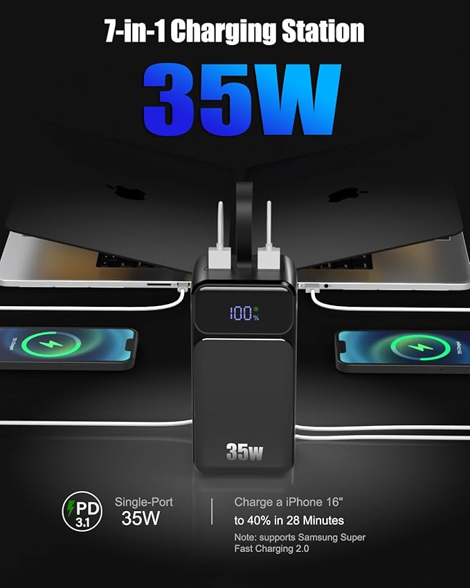 80000mAh Power Bank, 35W Fast Charging Portable Charger Built-in 3 Cables with 7 Ports, High Capacity External Battery Pack for iPhone,Galaxy,Steam Deck, Camping Travel Essentials