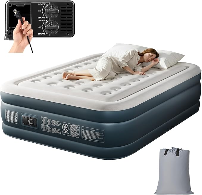 Outvita 18in Queen Air Mattress with Built-in Pump, Quick Assembly Comfort Luxury Blow Up Air Bed Self-Inflation/Deflation - Breathable and Flatness-Free for Guests and Home, Camping, Travel
