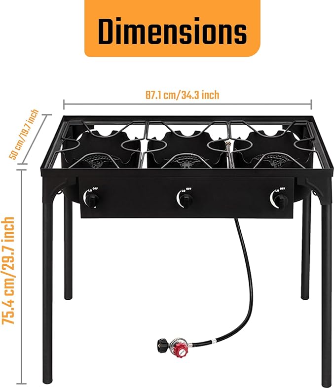 3 Burner Propane Gas Stove, 200,000 BTU Outdoor Camping Cooker with Removable Legs, 0-20 PSI Regulator & Hose, Heavy-Duty Cast Iron Stand for Backyard Cooking, BBQ, Frying & Boiling