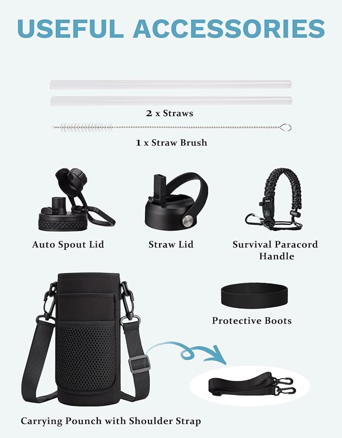 BENZZO Insulated Water Bottle 32/40/64 oz Keep Cold-48h Hot-24h, Water Bottles with Straw & Spout Lids, Carrier Pouch & Paracord Handle, Sports Workout Water Bottle Jug for Men Women