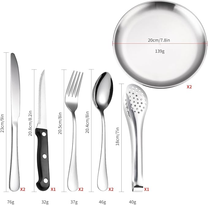 Silverware Flatware Cutlery Set, Outdoor Camping Stainless Steel Table Knife, Fork, Spoon, Plate, Food Clip, Portable Tableware Bag Set.Gold-8Set (Gold 10Set)