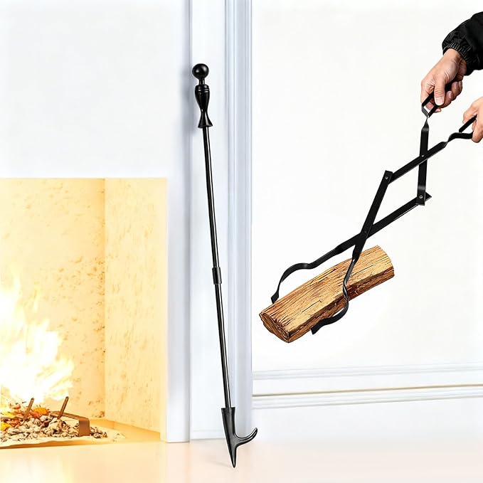 Heavy Duty 32” Long Fireplace Fire Pit Campfire Poker Stick and 26” Fireplace Tongs Tool Set Log Grabber Rust Resistant fire poker Camping Fireplace Tools for Indoor Outdoor Solo Stove Accessories