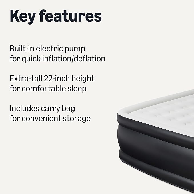 Amazon Basics Inflatable Air Mattress, Queen Size, 22in Height, with Built-in Pump, for Guests or Camping