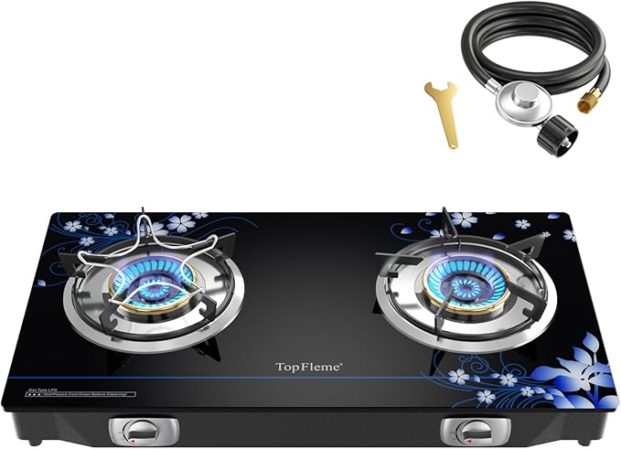 2 Burner Propane Stove 27,200 BTU High-Efficiency Tempered Glass Auto-Ignition Gas Burner Stove Top with CSA Hose for Outdoor RV Camping Emergency Cooking