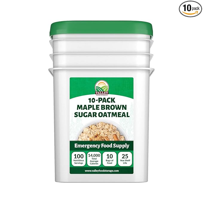 Valley Food Storage Maple Brown Sugar Oatmeal | 10-Bag Bucket, 100 Servings | Premium Emergency Food Supply, 25 Year Shelf Life | Survival Breakfast Food for Prepper Storage & Camping