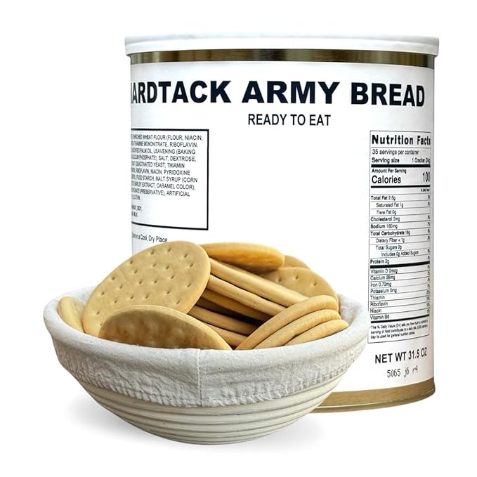 Military Surplus Freeze-Dried Hardtack Army Bread – 34 to 36 Hardtacks per Can (31.5 oz) – Ready to Eat – #10 Can – Long-Term Emergency Survival Food – 30+ Year Shelf Life – Made in USA – Ideal for Camping & Prepping Pack of 1