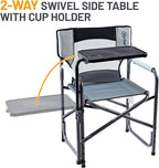 Portal Folding Director Chair with 2-Way Rotating Side Table, Heavy Duty 300 lb Camping Chair with Swivel Tray & Cup Holder, Ergonomic Mesh Back Portable Outdoor Seat for RV, Tailgating & Lawn, Grey