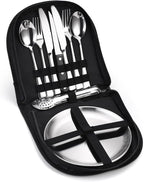 Silverware Flatware Cutlery Set, Outdoor Camping Stainless Steel Table Knife, Fork, Spoon, Plate, Food Clip, Portable Tableware Bag Set.Gold-8Set (Silver 12Set)