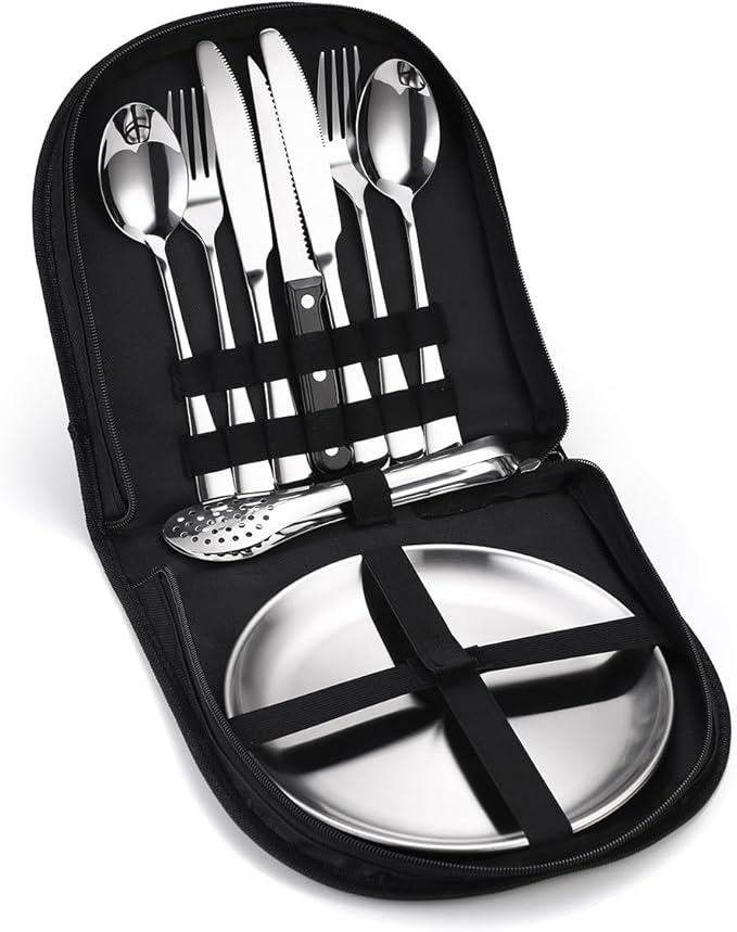 Silverware Flatware Cutlery Set, Outdoor Camping Stainless Steel Table Knife, Fork, Spoon, Plate, Food Clip, Portable Tableware Bag Set.Silver-6Set