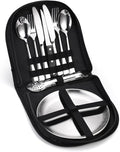 Silverware Flatware Cutlery Set， Outdoor Camping Stainless Steel Table Knife， Fork， Spoon， Plate， Food Clip， Portable Tableware Bag Set，Silver-12Set