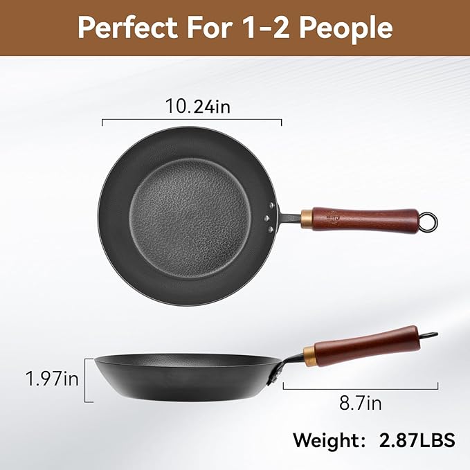 WANGYUANJI 10Inch Carbon Steel Skillet,Hand-Hammered Frying Pan with Removable Handle No Chemical Coating,Flat Bottom Pow Wok Pan for Electric,Induction,and Gas Stoves (Seasoning Required)