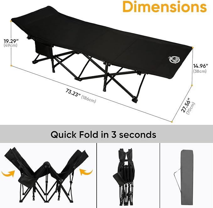 Northroad Camping Cot with Thick Mattress,Quick Set-Up Sleeping Cots with Side Pocket for Outdoor Camping, Office Nap, Home Garden, Beach, Travel, Black