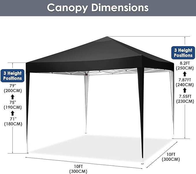 COBIZI Canopy 10x10 Pop Up Canopy Tent Party Tents for Parties Weddings Backyard Waterproof Canopy Outdoor Commercial Canopy Event Tent with Stakes, Ropes, Sandbags, Black