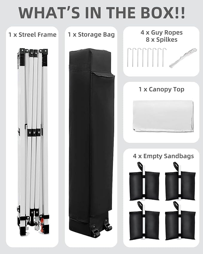 GarveeLife 10x10 Pop Up Canopy with One Button Push Setup - Heavy Duty Outdoor Canopy Tent with Portable Roller Bag - 3 Adjustable Height, 4 Weight Bags, 8 Stakes & 4 Guy Ropes Included, White
