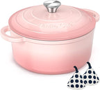 Umite Chef Enameled Cast Iron Dutch Oven-7QT Pot with Lid Cookbook & Cotton, Heavy-Duty Cookware for for Bread Baking, Braising, Stews, Marinate, Cook(Pink)