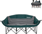 KingCamp 3 Person Camping Chair, Oversized 660lbs Heavy Duty Loveseat for Adults Portable Folding XL 2 Person Couch Padded Comfortable Three Seat with Cup Holder for Outdoor Lawn Backyard, Green/Grey