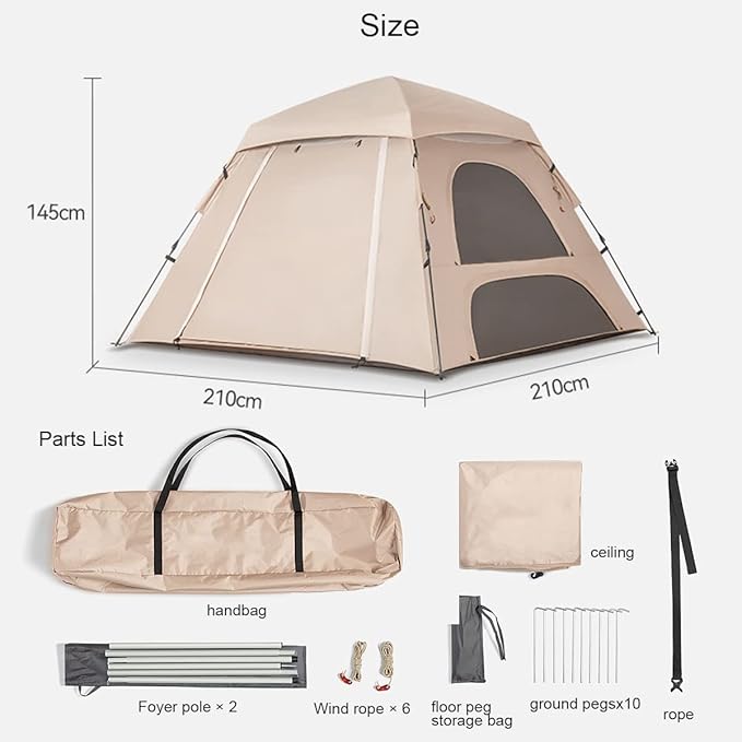 Tent 210x210cm Family Tent for Party Camping,3-4 Person Tent with Porch,Instant Tent Pop Up Tent Easy Setup,Outdoor Garden Tent